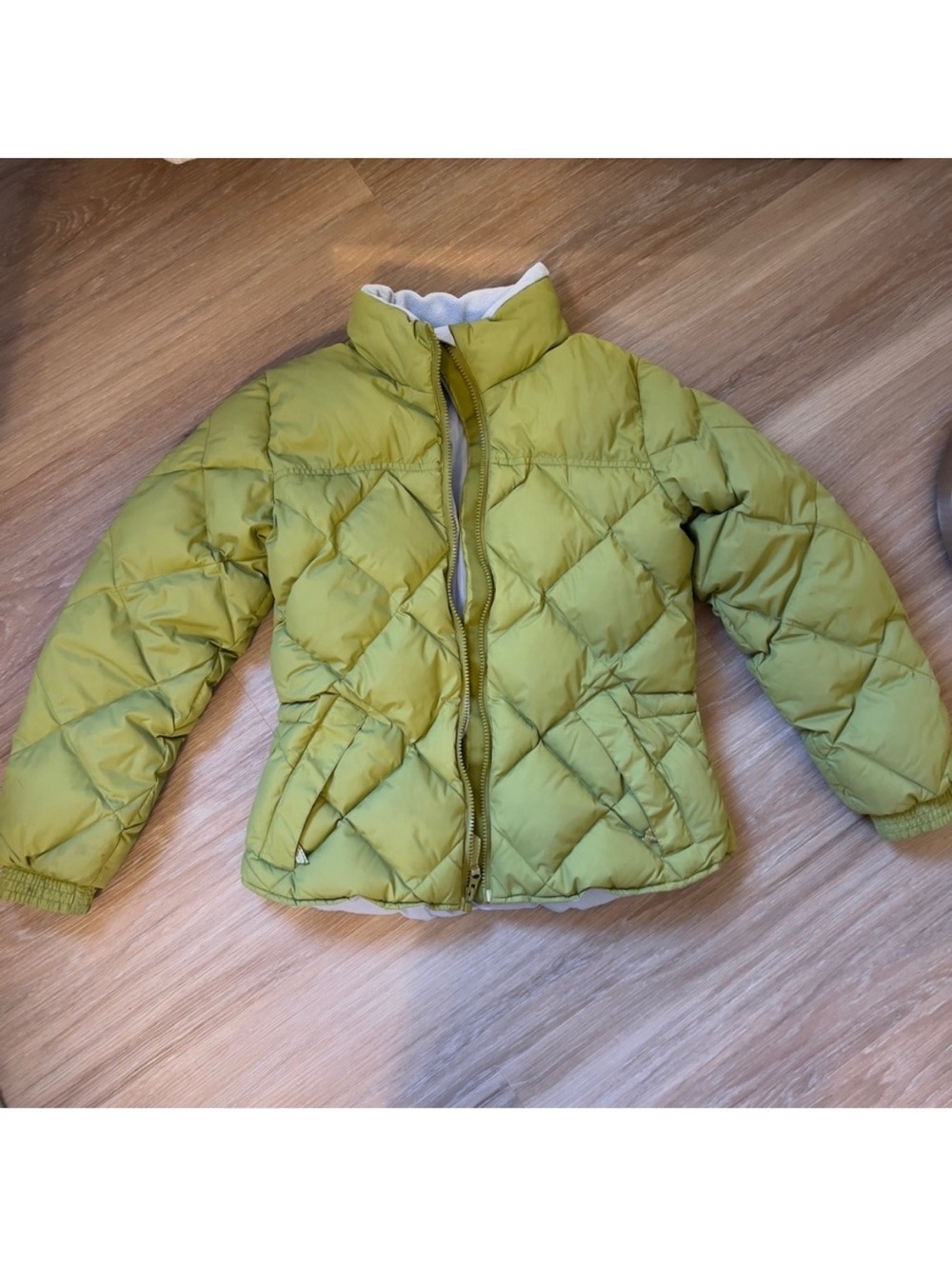 Lands’ End Girls Down Puffer Jacket Green Quilted Coat Size M 10-12